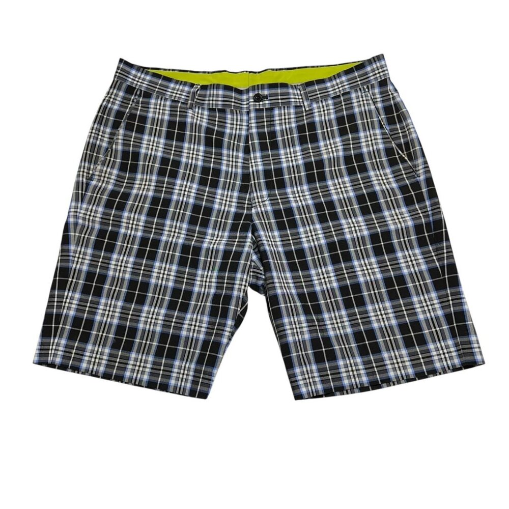 Louis Raphael Golf Mens 36 Shorts‎ Black White Blue Plaid Polyester Flat Front